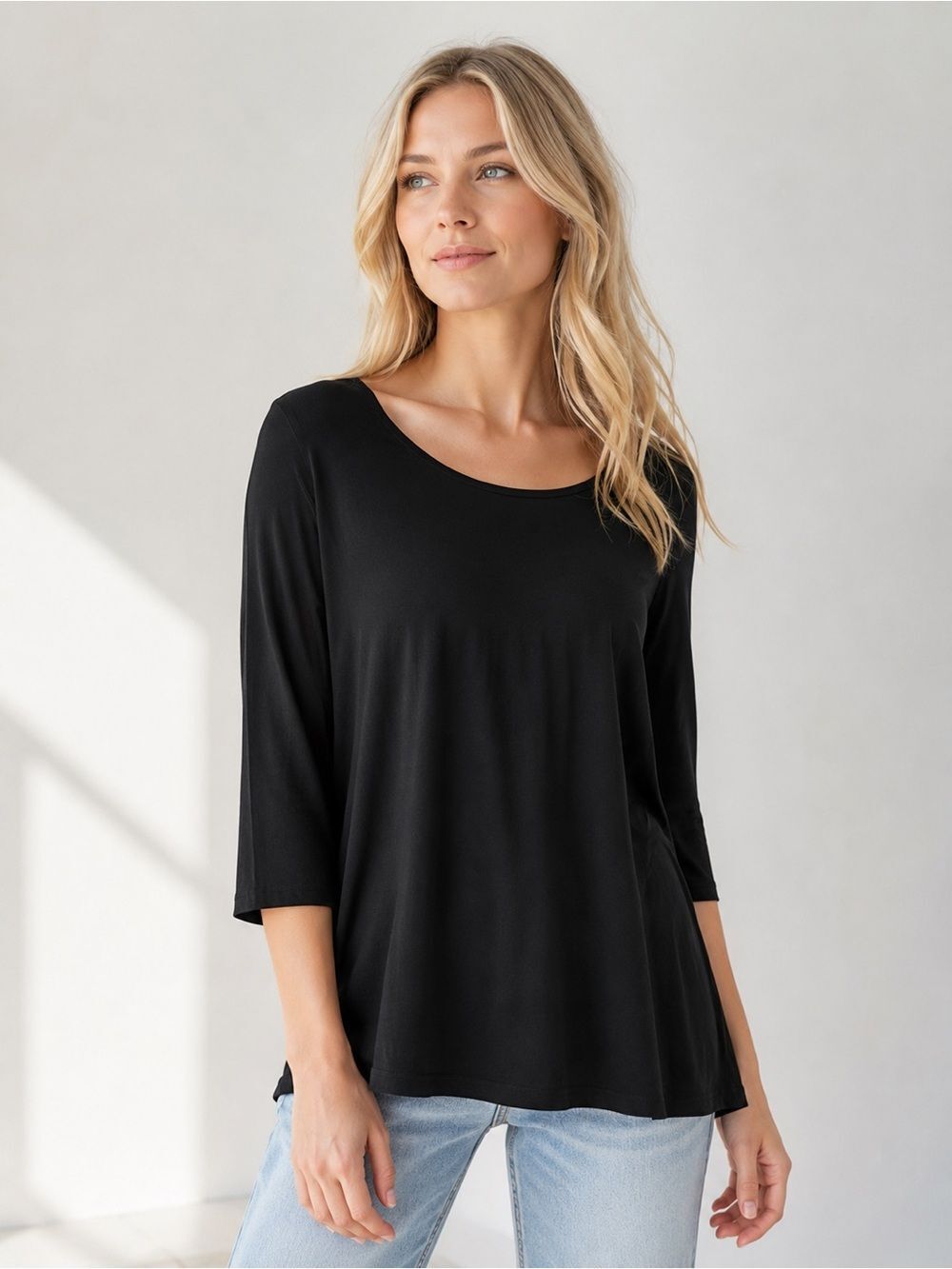 Joan Vass Black Scoop-Neck 3/4 Sleeve Tee